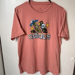 Adidas Mens Graphic T-Shirt | Alien UFO | Salmon Pink Short Sleeve | Medium